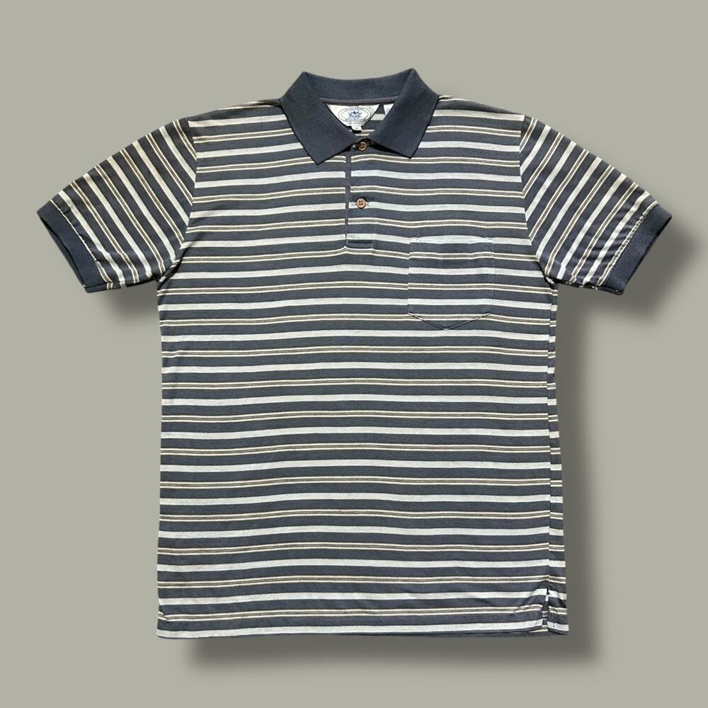 Vintage 70s Polo Shirt Striped Preppy Aesthetic Short Sleeve Polyblend Gray M